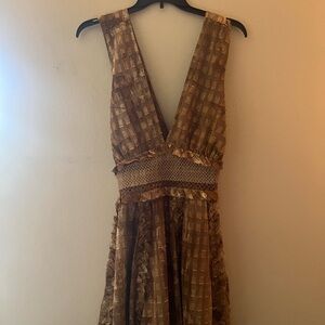 ASOS Brown Tan Pleated Sundress Plunge Neckline